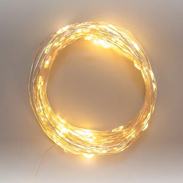 Гирлянда | Роса 20м | БЕЛЫЙ ТЁПЛЫЙ | 200 LED 8 режимов На батарейках 3-АА | Серебряный провод Металл | - NEON-NIGHT